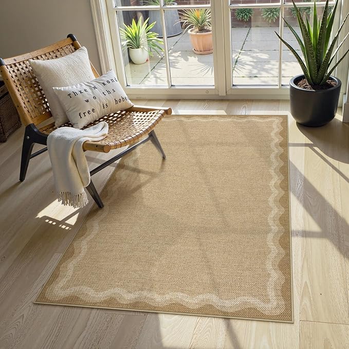 LIVEBOX Scalloped Washable 3x5 Outdoor Rug, Easy Jute Geometric Tan Rug for Entryway, Indoor Non Slip Patio Rugs Farmhouse Carpet Area Rug for Bedroom Living Room Kitchen Bathroom Front Door Mat Porch