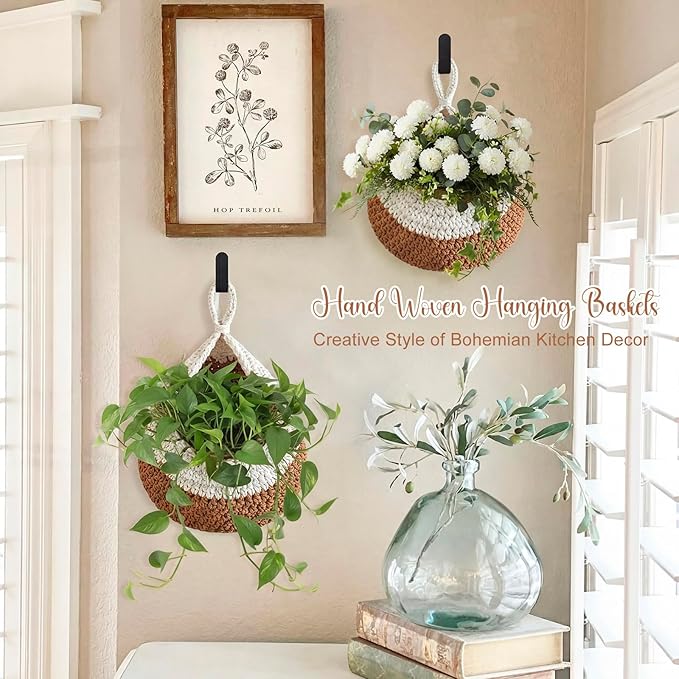 Honeydak Boho Decor Hanging Wall Baskets for Kitchen 3 Pack Teardrop Baskets with Hooks Storage Fruit Onion Vegetable Potato for Home 3 Sizes(White and Beige,Teardrop,Cotton Rope)