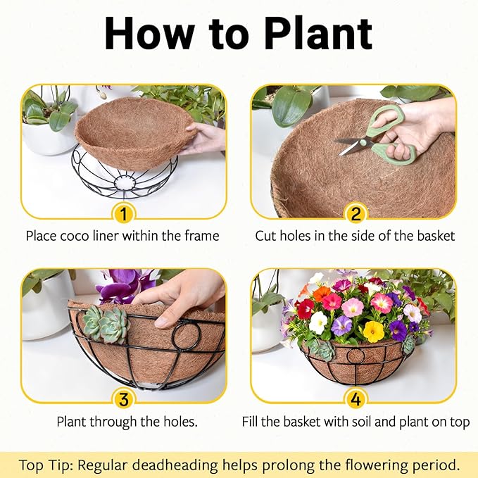 ZeeDix 2 Pack Round Hanging Baskets for Plants Outdoor, 12 Inch Metal Wire Planter Basket with Coco Liner, Hanging Flower Pots for Garden Yard Patio Porch Balcony Decor