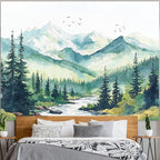 Accnicc Watercolor Forest Mountain Tapestry Green Nature Pine Tree River Wall Tapestry for Bedroom Aesthetic Misty Woods Birds Small Tapestries Wall Hanging for Living Room Dorm Decor 60 x 44 Inch