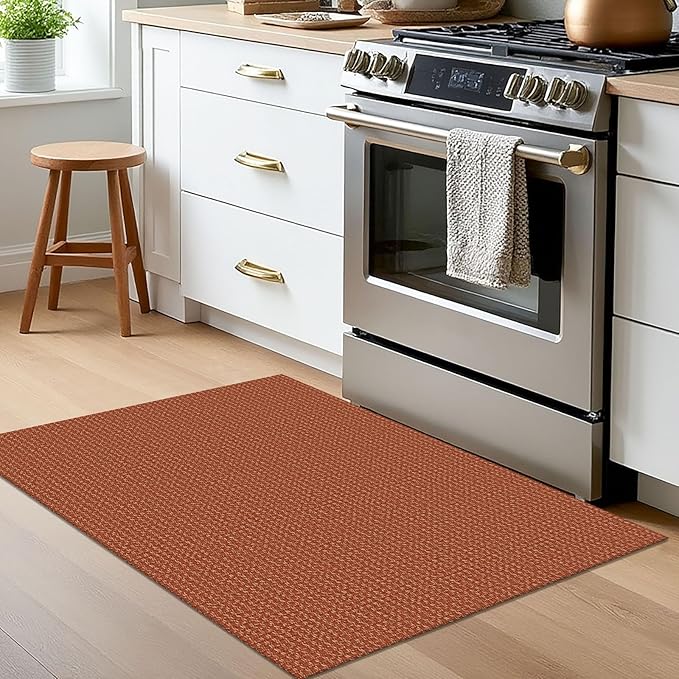 EARTHALL Woven Area Rug 2x3 Ft Washable Rugs for Entryway Braided Non Slip Throw Rugs Door Mat Indoor Outdoor Entrance Small Cotton Woven Carpet for Kitchen Foyer Front Door, Rustic Orange/Tan