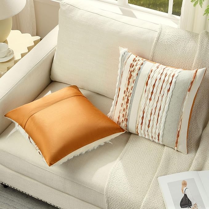 FUTEI Rust Beige Accent Throw Pillow Covers Set of 2, 20x20 Inch Plush Tufted Striped Textured Decorative Cushion Cases for Farmhouse Boho Couch Decor