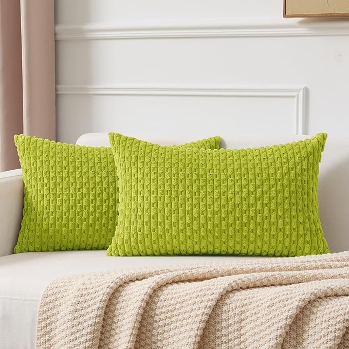 Kevin Textile 14x24 Inch Pillow Cover 1 Pack Boho Christmas Decorative Soft Striped Corduroy Lumbar Farmhouse Accent Rectangle Cushion Case for Living Room Couch Sofa Bed, Spring Green