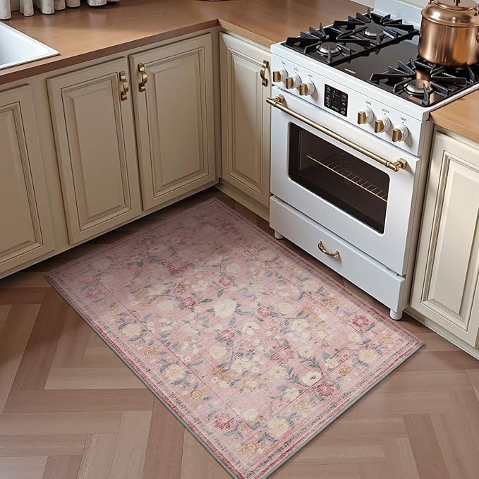 AMOAMI Front Door Mat Indoor Entrance, 2x3 Machine Washable Floral Rugs for Entryway Rug Non Slip Ultra-Thin Soft Boho Small Area Rug Low Pile Throw Rugs for Entrance Kitchen Bathroom, Pink
