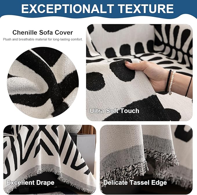 VClife Bohemian Couch Cover Western Aztec Sofa Cover for 3-4 Cushion Couch Sofa Washable Chenille Sofa Slipcover Boho Non Slip White Black Geometric Couch Slip Cover for Sectional Sofa 71''x150''