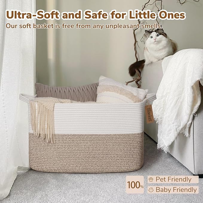 Goodpick Woven Storage Basket, 22”x17”x12” Large Blanket Storage for Living Room, Rope Baskets for Organizing, Rectangle Nursery Toy Box With Handles, Brown and White