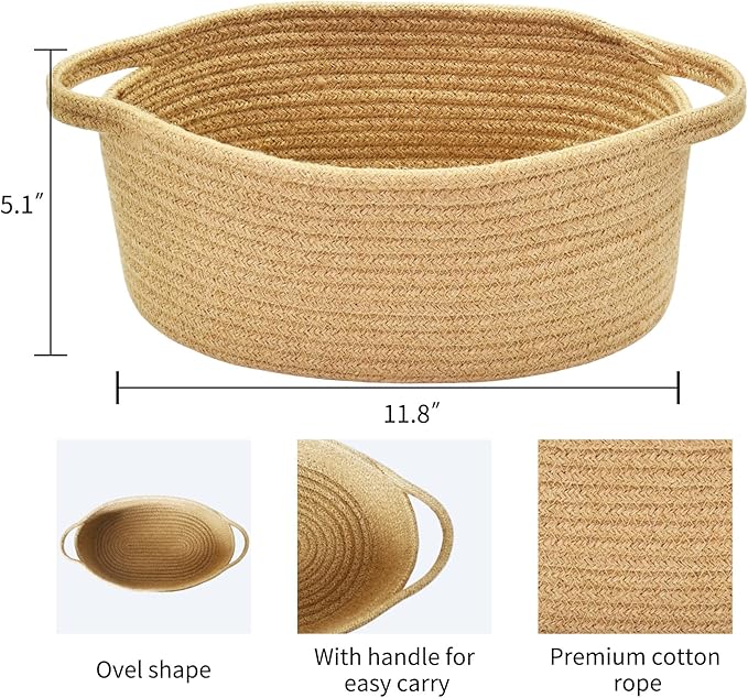 ABenkle Small Basket with Handles - Decorative Durable Rope Woven Storage Bin Shelf Storage Organizer Cube, Easter Baby Gift Basket, 12"x8"x5"