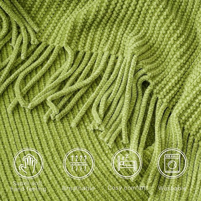 BATTILO HOME Apple Green Throw Blanket for Couch, Soft Chenille Knit Throws with Tassels for Home Decor, Spring Green Throws for Couch Cover, 60"x80"