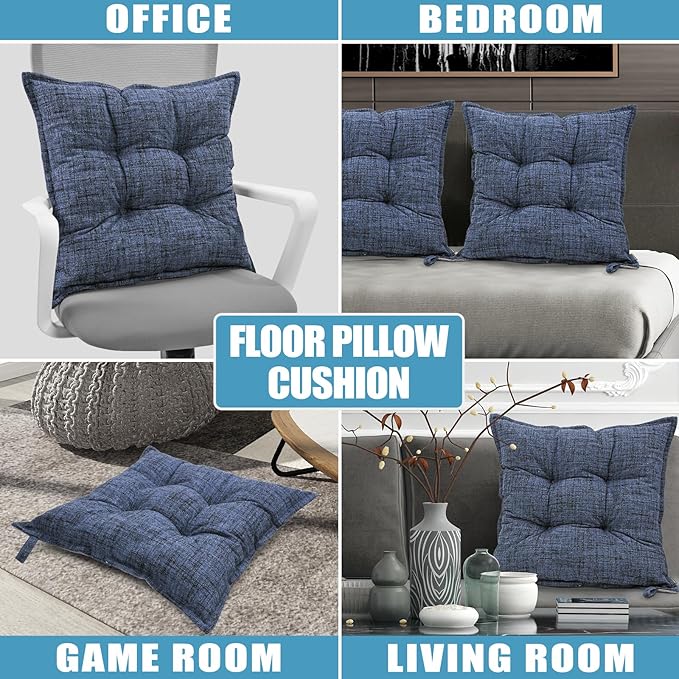 SINSOSSO Large Floor Pillow 22", Thickened Bite-Size Memory Foam Square Non-Slip Cushion for Office Back Support/Indoor Yoga/Chair Seat, Fashionable Color-Blocked Fabric & Washable, Blue, 1 PCS