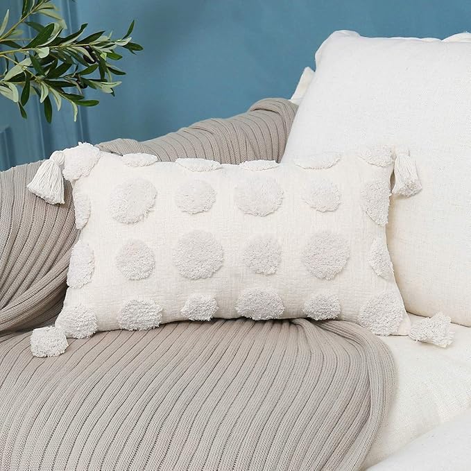 PLWORLD Boho White Lumbar Throw Pillow Cover 12x20 Inch with Tassels, Pom Pom Tufted Cream Chenille Fabric Small Accent Textured Cushion Case for Bed Couch, 1 PC Cover Only No Insert