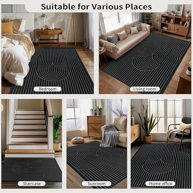Tangsoo Rainbow Easy Jute Rug 2x6 Washable Runner Rug for Hallways,Non-Slip Thin Black Geometric Outdoor Rug Runner,Modern Farmhouse Carpet for Porch Laundry Bedroom Kitchen Entryway