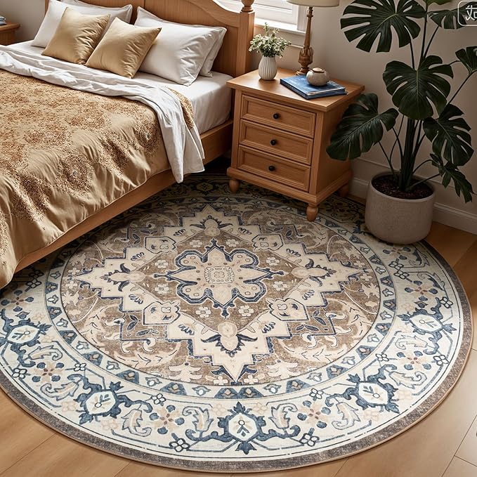 Lessymo 8FT Washable Round Area Rugs for Living Room, Non Slip Circle Rugs Low Pile Vintage Carpet for Bedroom, Dining Room, Nursery, Home Office, Brown Beige