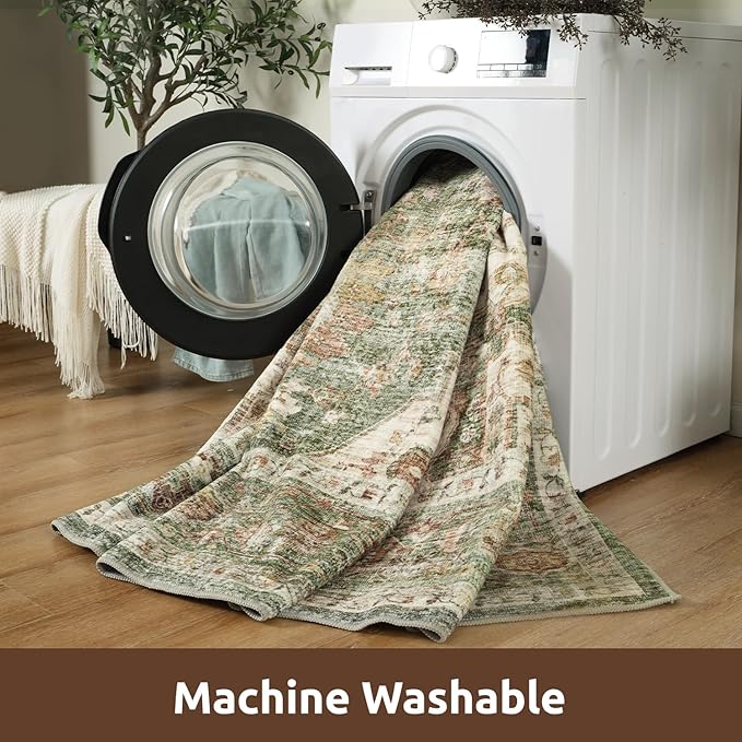 AMOAMI-3X5 Area Rug-Soft Washable Vintage Throw Accent Rugs for Living Room, Entryway, Bedroom, Kitchen, Bathroom, Laundry Room, Kitchen, Bathroom, Bedside, No Slip Green