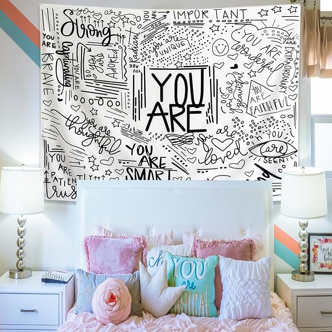 KJHL Black and White Inspirational Quote You Are Wall Tapestry Classroom Kids Tapestries Wall Hanging Motivational Positive Affirmations Saying Wall Decor Aesthetic Tapestry for Bedroom Dorm