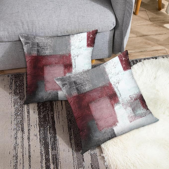 Emvency Set of 2 Burgundy Red Painting Throw Pillow Covers Contemporary Line Abstract Modern Design Retro Decorative Pillow Case Home Decor Standard Square 18x18 Inch Cushion Pillowcase