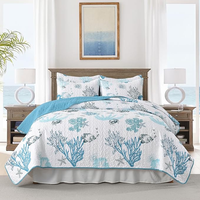 HORIMOTE HOME Coastal Quilt Bedding Set King Size, Reversible Blue Summer Beach Quilt Lightweight Ocean Nautical Comforter Tropical Bedspread Coverlet with 2 Pillow Shams for All Seasons (106"x96")