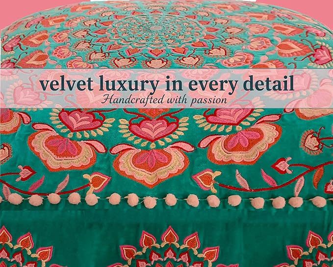 Mandala Life ART Turquoise Velvet Pouf Cover - Soft Sqare Floor Pillow - Embroidered Ottoman Slipcovern, 24x24x8 Inches, Ideal for Living Room, Bedroom, or Meditation Space - Cushion