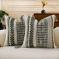 Set of 2 Boho Pillow Covers with Tassels Olive Green 18x18 Inch Farmhouse Decorative Chenille Tufted Striped Throw Pillow Covers, Neutral Accent Square Pillowcase for Couch Bed Living Room