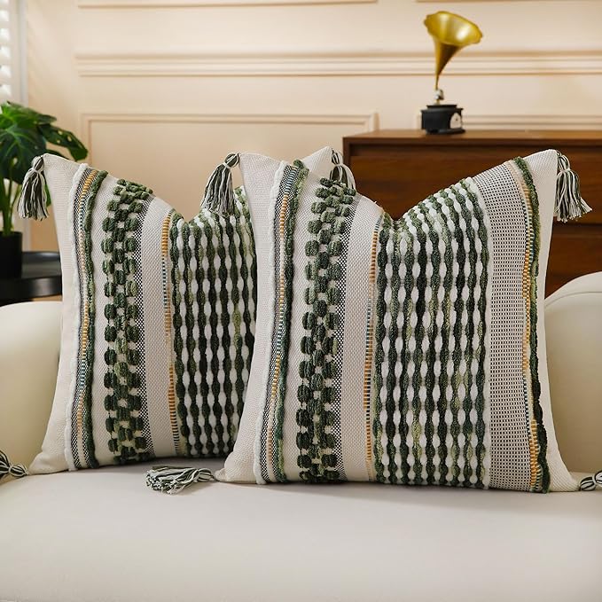 Set of 2 Boho Pillow Covers with Tassels Olive Green 18x18 Inch Farmhouse Decorative Chenille Tufted Striped Throw Pillow Covers, Neutral Accent Square Pillowcase for Couch Bed Living Room