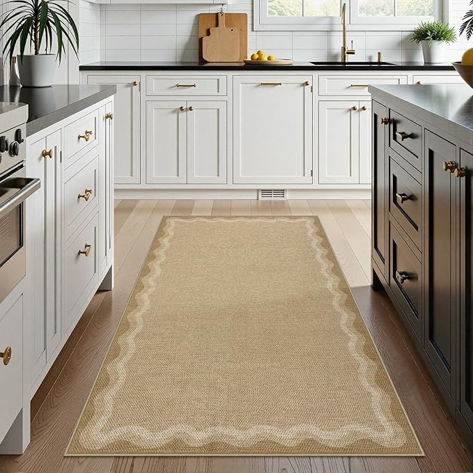LIVEBOX Scalloped Washable 3x5 Outdoor Rug, Easy Jute Geometric Tan Rug for Entryway, Indoor Non Slip Patio Rugs Farmhouse Carpet Area Rug for Bedroom Living Room Kitchen Bathroom Front Door Mat Porch