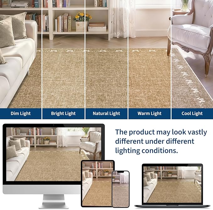 GarveeHome Bow Washable 8x10 Area Rug for Living Room Non Slip Soft Bedroom Rugs Solid Light Brown Bordered Rug Low Pile Stain Resistant Carpet for Nursery Dining Room Playroom Classroom, Light Brown