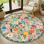 Round Area Rug for Living Room: 4 ft Floral Washable Circle Rug Soft Boho Non-Slip Carpet Indoor Stain Resistant Low Pile Small Circular Rug for Bedroom Entryway Kitchen Nursery Home Office Green