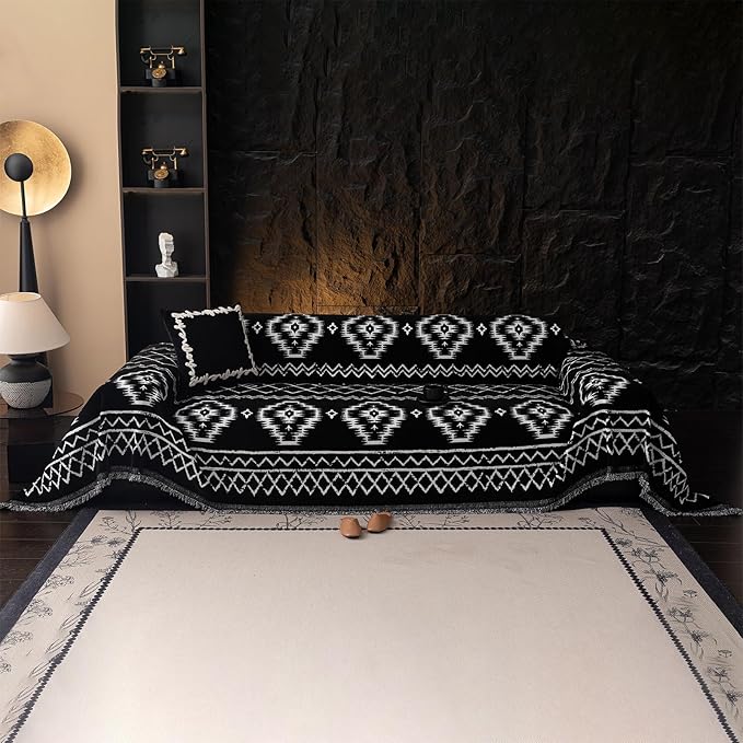 VClife Boho Couch Cover Chenille Sofa Cover for Sectional Sofa, Non Slip Couch Covers for 3 Seater Sofa Pet Friendly Sofa Protector with Tassel, Tribal Pattern Couch Slipcover, Black, 71"X134"