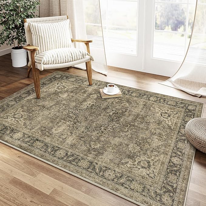 3x5 Washable Brown Area Rug Vintage Entryway Office Carpet Non-Slip Soft Low Pile Distressed Throw Rug for Entrance Living Room Bathroom Dining Room
