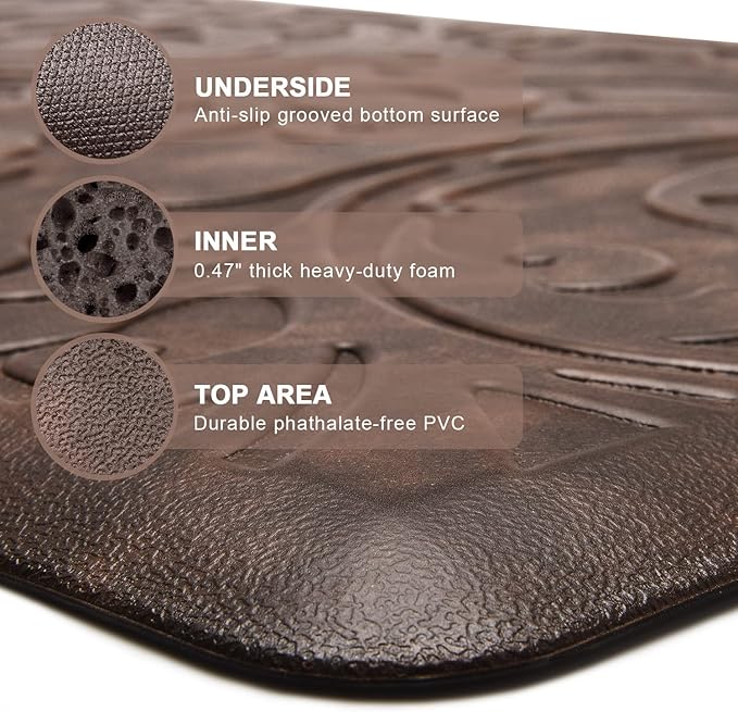 KMAT Kitchen Mat Cushioned Anti-Fatigue Floor Mat Waterproof Non-Slip Standing Mat Ergonomic Comfort Floor Mat Rug for Home,Office,Sink,Laundry,Desk 17.3" (W) x 28"(L),Brown