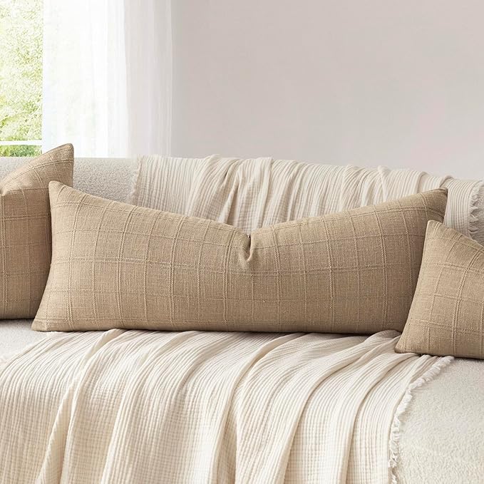 Foindtower Set of 2 Decorative Linen Check Throw Pillow Covers Neutral Farmhouse Vintage Cushion Covers Cozy Modern Coastal Boho Home Decor for Sofa Chair Couch Bedroom Living Room,14×36 Inch,Camel