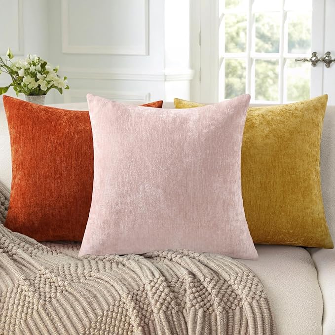 decorUhome Chenille Blush Pink Valentine’s Day Spring Euro Sham Throw Pillow Covers 22x22 Inch Set of 2, Decorative Soft Couch Pillow Covers Solid Accent Farmhouse Neutral Square Pillow Cases for Sofa