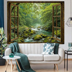 Accnicc Window Forest Tapestry Green Nature Jungle Wall Tapestry for Bedroom Aesthetic Rainforest Stream Outdoor Landscape Small Tapestries Wall Hanging for Dorm Living Room Decor 48 x 36 Inch