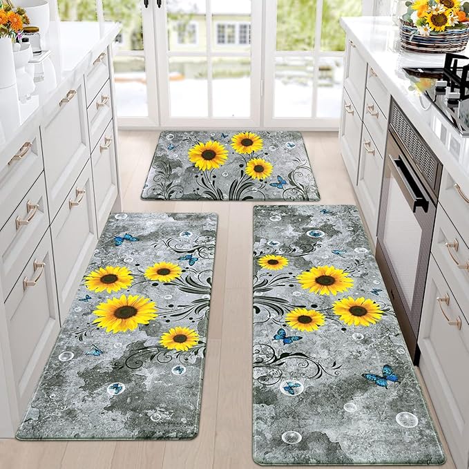 Likiyol Sunflower Kitchen Rugs Sets of 3 Kitchen Mats for Floor Anti Fatigue Mats for Kitchen Floor, Spring Floral Flower Non Slip Washable Standing Floor Mats, 18''x30''+18''x48''+18''x60''(Gray)
