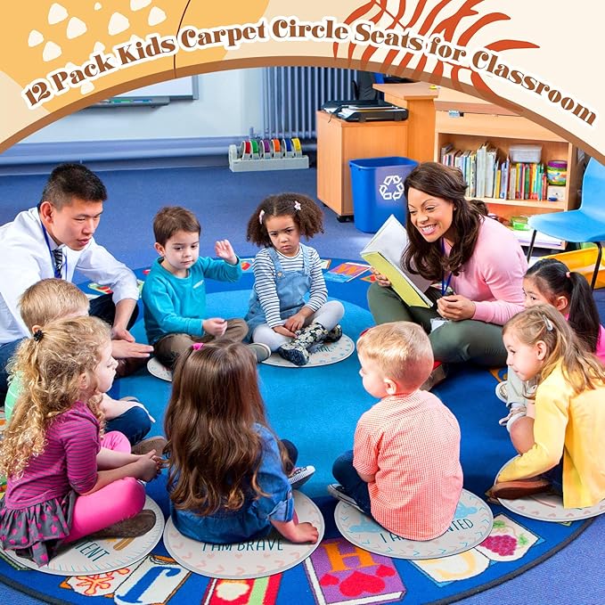 Tinideya 12 Pcs Kids Carpet Circle Seats for Class 16 Inch Round Classroom Rug Floor Cushions Soft First Day of School Educational Mat Non Slip Back to School Learning Playing Areas(Boho Rainbow)