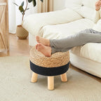 Round Ottoman Natural Seagrass Footstool, Foot Stool with 4 Wood Legs, Hand Woven Round Footstool, Sofa Stool, Multifunctional Modern Dressing Stool, Sofa Side Table for Bedroom (Black)