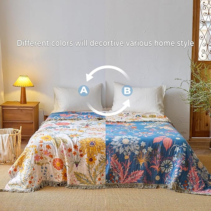 King Throw Blanket for Bed 100% Cotton Boho Soft Rustic Quilt Colorful Floral Reversible Woven Breathable Bed Blanket, All Season Blankets for Bedding Couch Home Decor,90"×98"