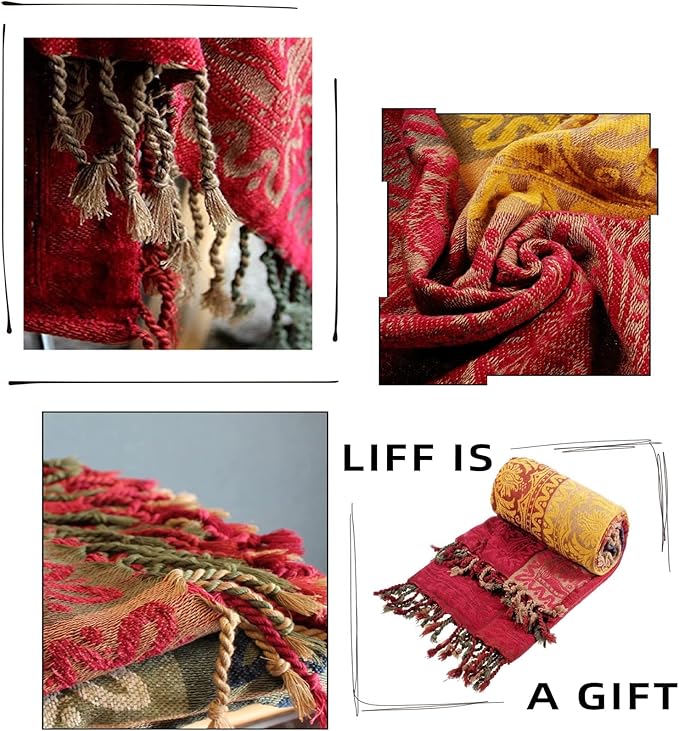 Boho Throw Blanket - Hippie Chenille Jacquard Bohemian Chair Couch Sofa and Bed Furniture Cover with Colorful Tribal Pattern (Red, 87" x 102")