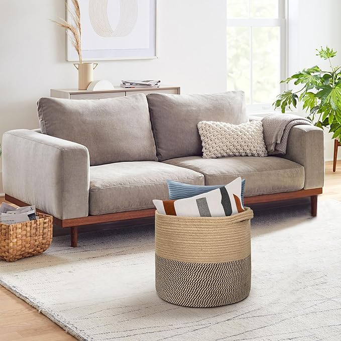 Large Wicker Storage Basket, 16" x 14" Woven Baskets for Storage, Blanket Storage for Living Room, Big Round Wicker Bin for Laundry, Pillows, Towels, Shoes, Dog Kids Toy Box, Home Decor
