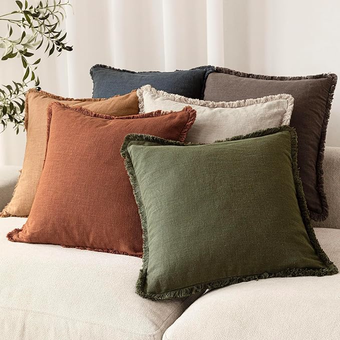 Foindtower Set of 2 Decorative Linen Fringe Throw Pillow Covers Farmhouse Cushion Cover with Tassels Lumbar Accent Pillowcase for Couch Bed Living Room Home Bedroom Decor, 12×24 Inch, Fall Rust Orange