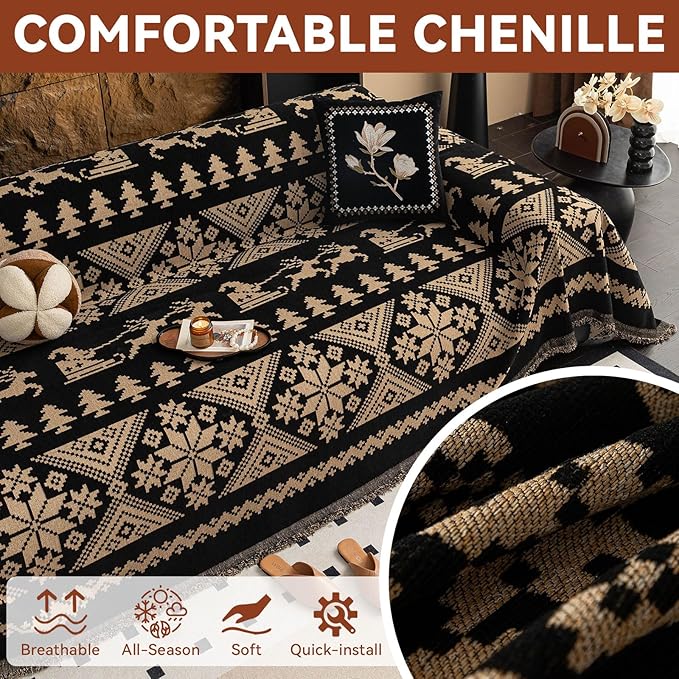 VClife Boho Couch Cover for Sofa, Anti Slip Chenille Sofa Cover for Sectional Sofa - 1 Piece Black Khaki Geometry Jacquard Sofa Slipcover, Pet-Friendly Couch Cushion Cover with Tassel 71"x 134"