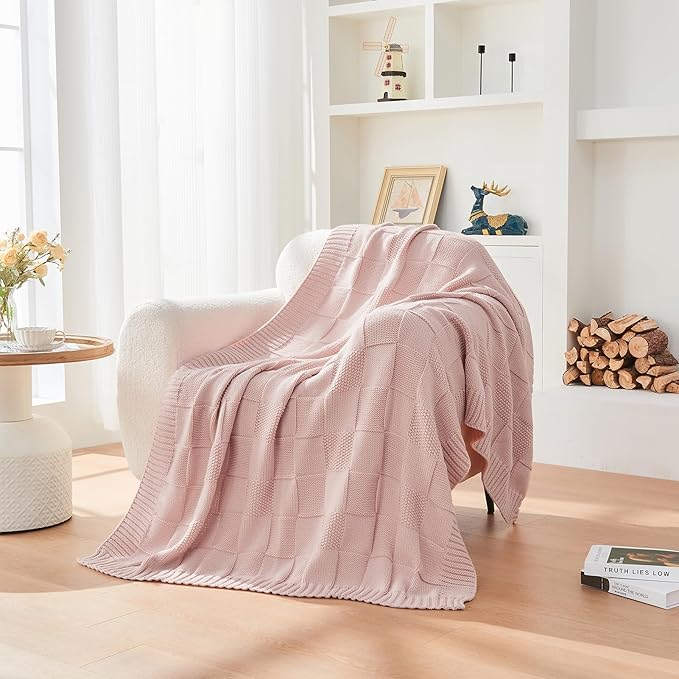 CozeCube Check Knit Throw Blanket, Pink Checkered Throw for Couch, Decorative Christmas Soft Cozy Warm Knitted Blanket for Bed Sofa Living Room, 60"X80"