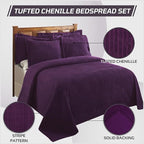 Better Trends Chenille Bedspreads Full/Double Size, Plum 100% Cotton Chenille Stripe Design Tufted Bedding Coverlet Soft Lightweight, 96"x110" with 2 Sham, 3 Pieces Set Jullian Collection