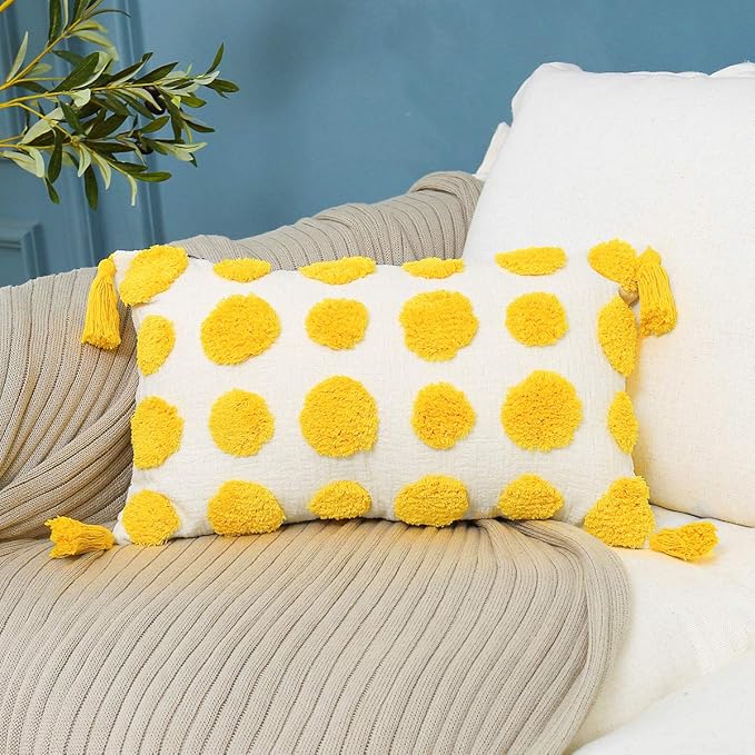 PLWORLD Boho Yellow Lumbar Throw Pillow Cover 12x20 Inch with Tassels, Pom Pom Tufted Cream Chenille Fabric Small Accent Textured Cushion Case for Bed Couch, 1 PC Cover Only No Insert