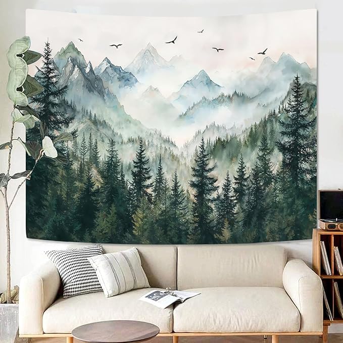 Zussun Misty Forest Mountain Tapestry Sage Green Nature Pine Tree Tapestry for Bedroom Aesthetic Watercolor Foggy Woodlands Birds Landscape Tapestries Wall Hanging for Living Room Dorm 80 x 60 Inch