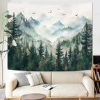 Zussun Misty Forest Mountain Tapestry Sage Green Nature Pine Tree Tapestry for Bedroom Aesthetic Watercolor Foggy Woodlands Birds Landscape Tapestries Wall Hanging for Living Room Dorm 80 x 60 Inch