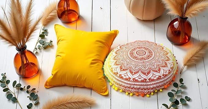 CRAFT KALA 32" Large Round Bohemian Floor Pillow Pouf Cover Mandala Meditation Room Pillow Cover for Adults Boho Seating Poufs Cushion Cover for Kids Playroom Yellow Orange Ombre