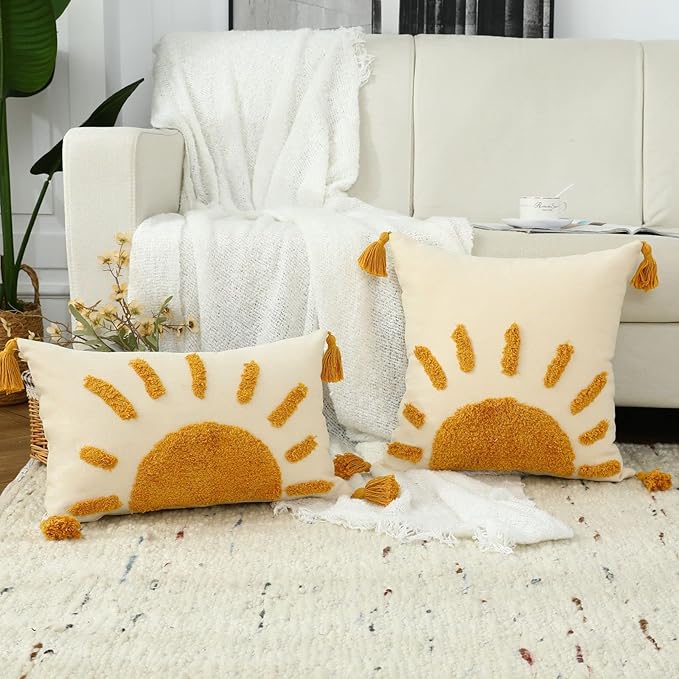 Boho Throw Pillow Covers 18x18, Woven Tufted Sun Decorative Pillow Covers with Tassels Moroccan Modern Pillowcase for Sofa Bedroom Living Room Home Decor, Yellow