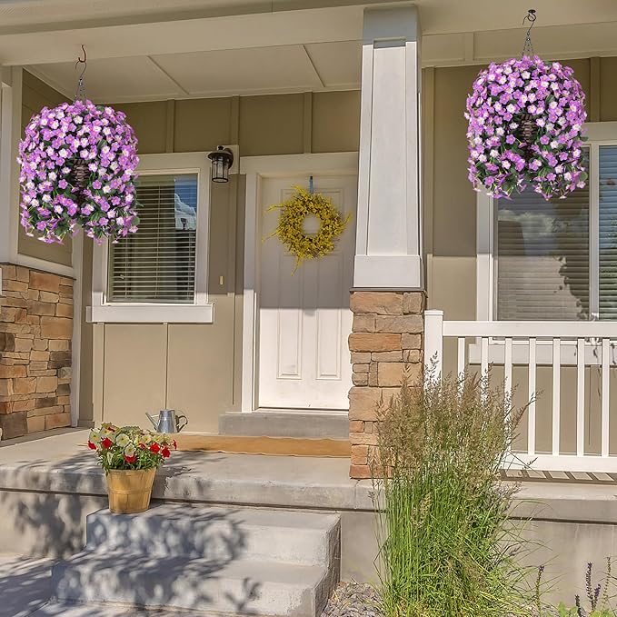 Artificial Hanging Daisy Flowers Plants Baskets for Outdoor Decoration, Fake Silk Light Fuchsia Mums Orchid Trailing Vines in Planter Realistic UV Resistant for Balcony Porch Decor