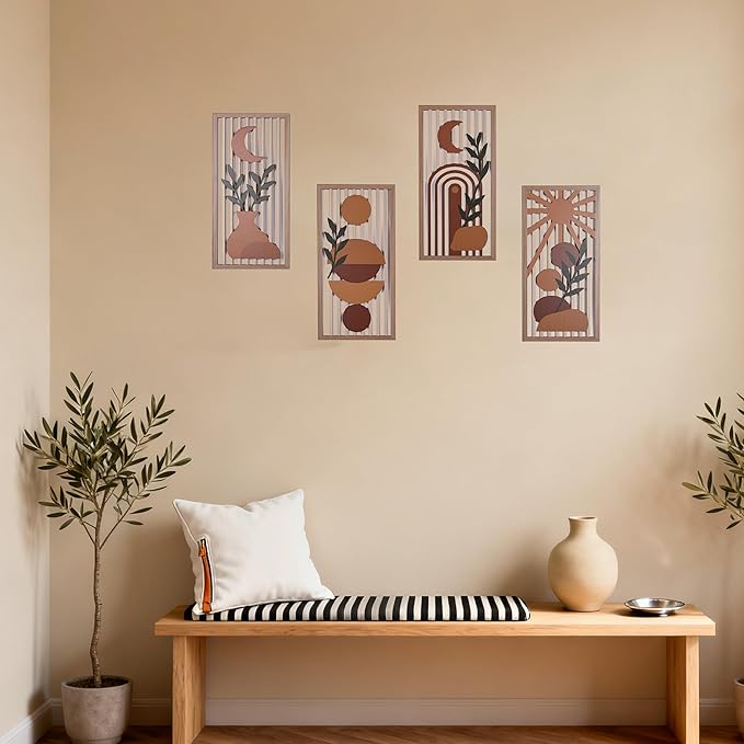 Orange Boho Wall Art Set of 4, Abstract Geometric Wooden Terracotta Wall Decor, Mid-Century Modern Aesthetic Artwork with Arch, Vase & Botanical Design for Modern Home Decor for Bedroom, Office & Living Room(B)
