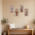 Orange Boho Wall Art Set of 4, Abstract Geometric Wooden Terracotta Wall Decor, Mid-Century Modern Aesthetic Artwork with Arch, Vase & Botanical Design for Modern Home Decor for Bedroom, Office & Living Room(B)
